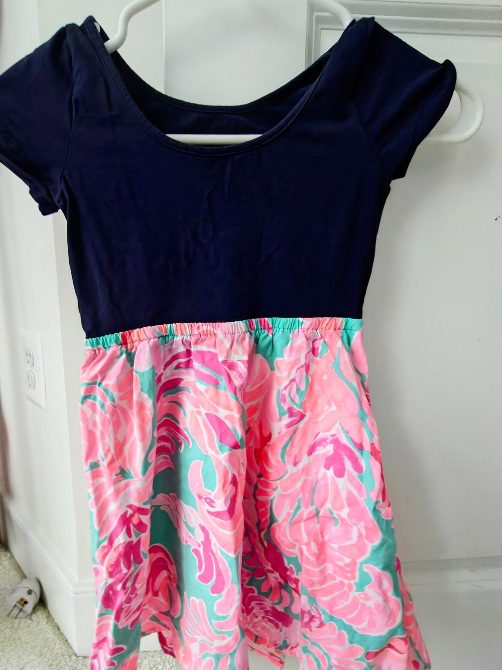 Lilly Pulitzer Navy Top with Pink and Aqua Floral Skirt Kids Dress